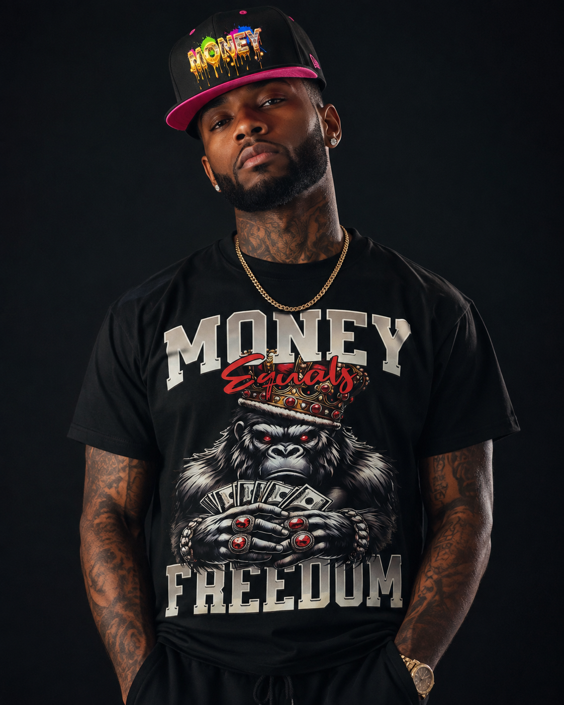 Man wearing Money Equals Freedom black graphic tee with crowned gorilla design