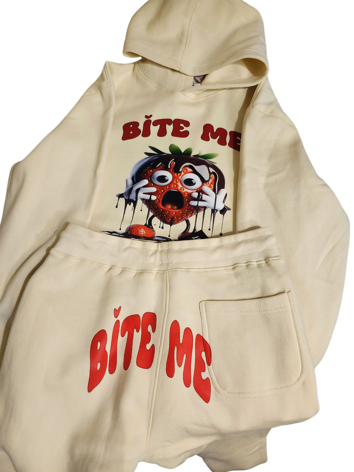 Bite Me Strawberry Graphic Cream Hoodie & Jogger Set
