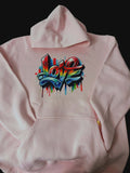Pink hoodie with colorful graffiti Love graphic on the back