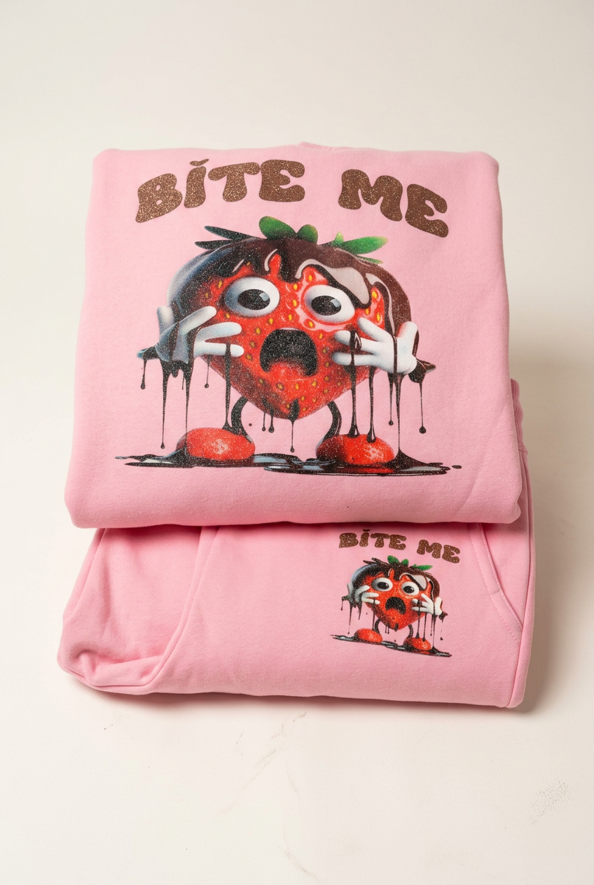 Pink Bite Me strawberry graphic two-piece set on a clean studio background