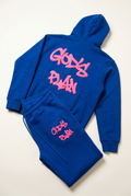 Royal blue God's Plan two-piece set with pink lettering on a clean studio background
