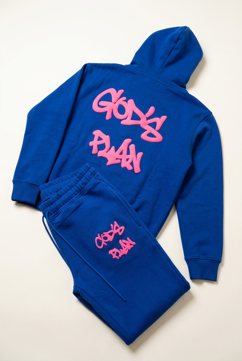 Royal blue God's Plan two-piece set with pink lettering on a clean studio background