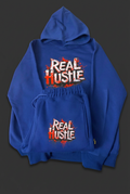 Real Hustle blue outfit with a dark charcoal background